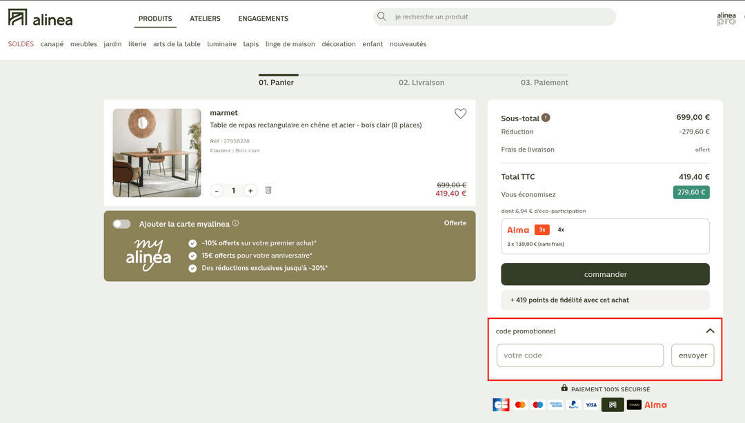 Comment activer un code promo sur Alinéa