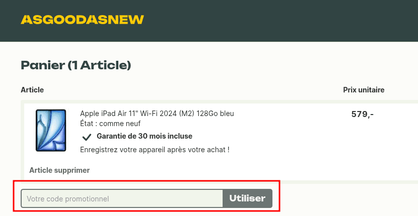Comment activer un code promo sur Asgoodasnew