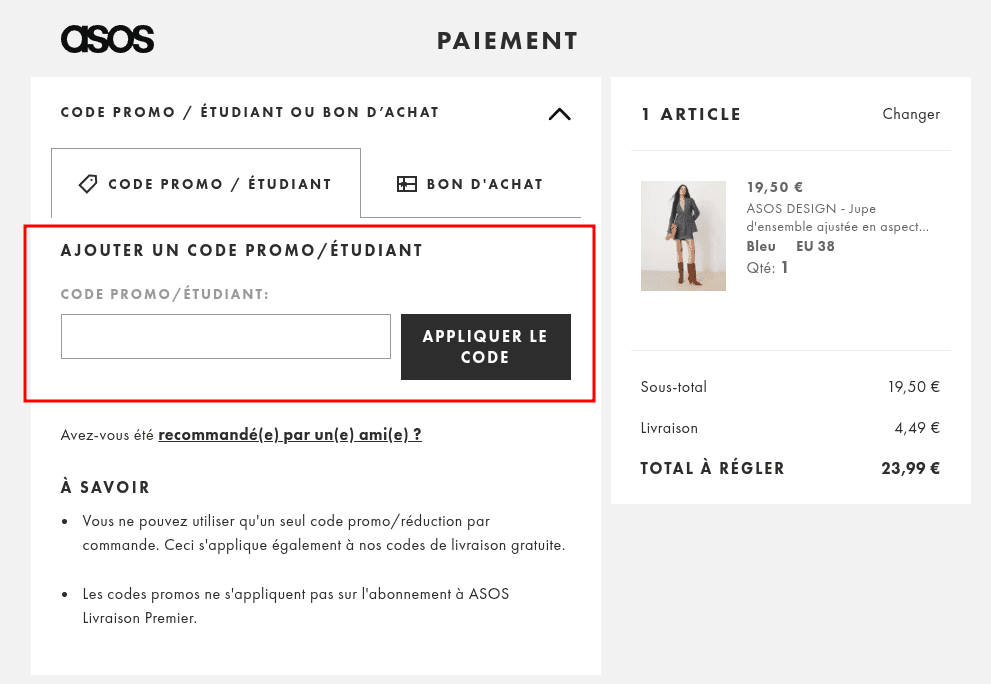 Comment appliquer un code promo sur Asos