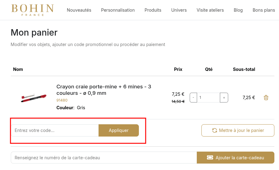 Comment activer un code promo sur Bohin