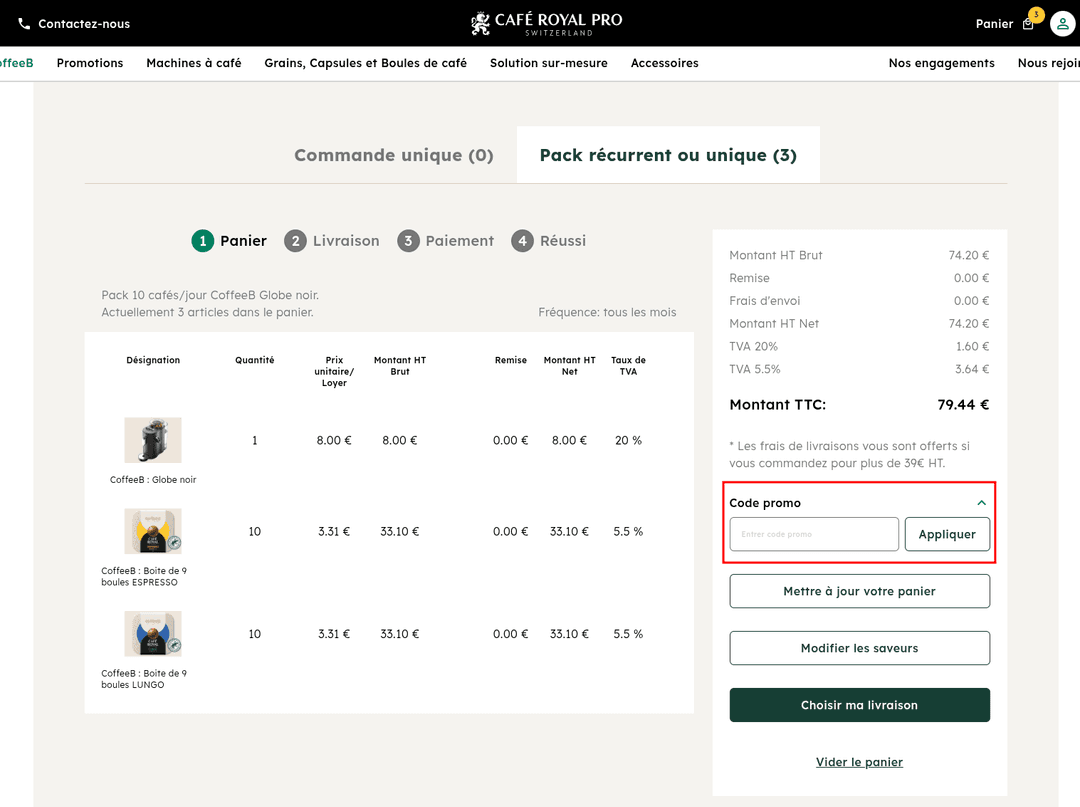 Comment appliquer un code promo sur Café Royal
