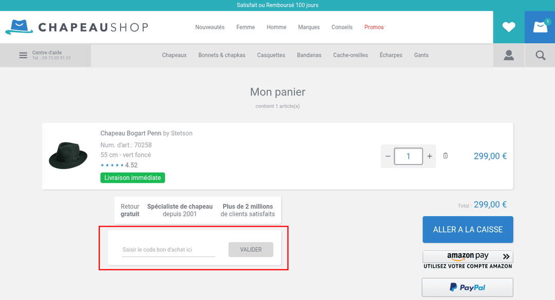 Comment activer un code promo sur Chapeaushop