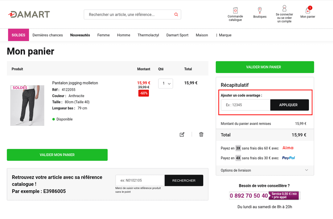 Comment appliquer un code promo sur Damart