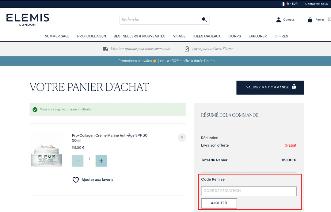 Comment appliquer un code promo sur Elemis