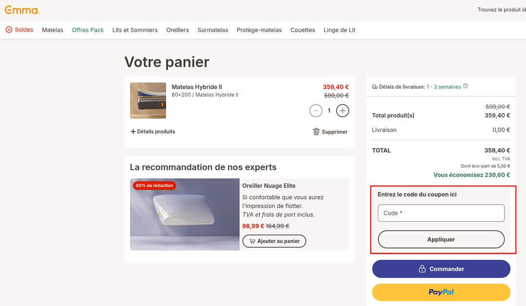 Comment utiliser un code promo sur Emma Matelas
