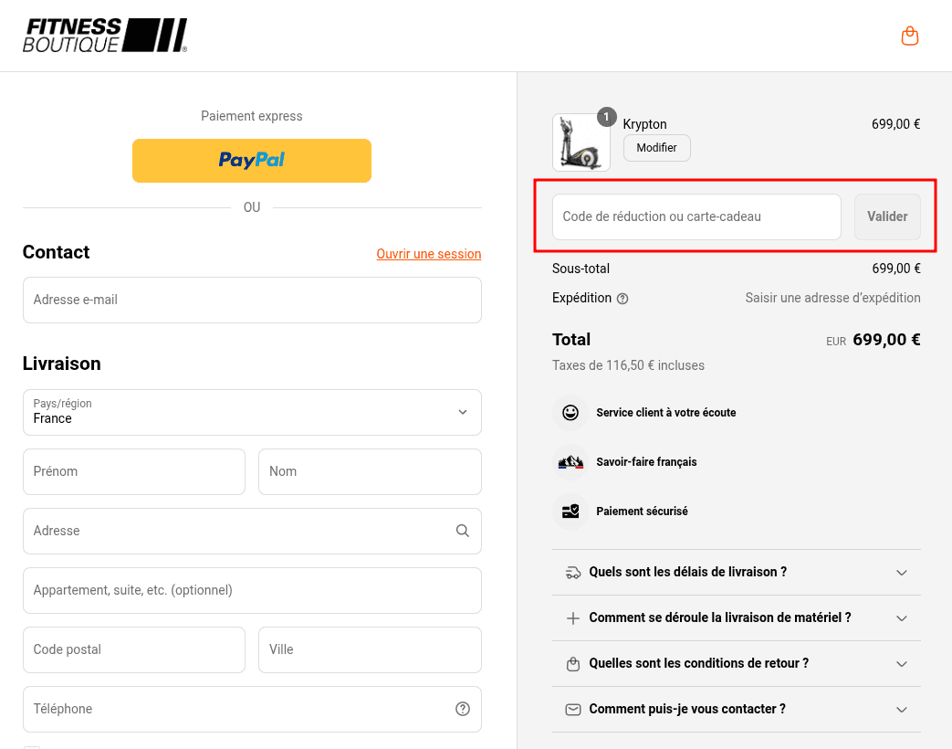 Comment appliquer un code promo sur Fitness Boutique