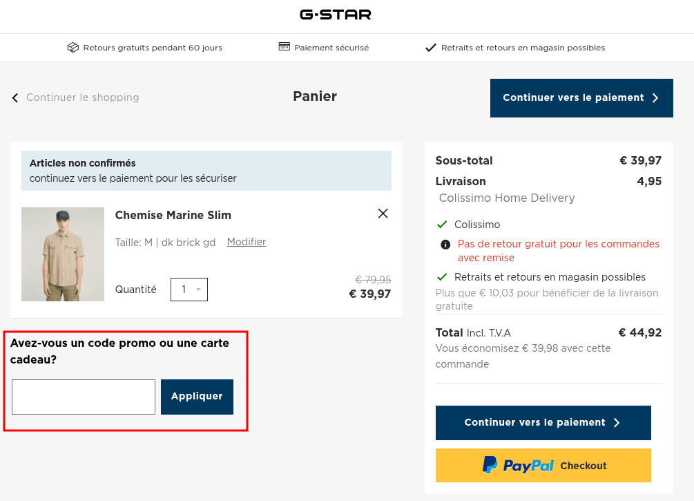 Comment appliquer un code promo sur G-Star Raw