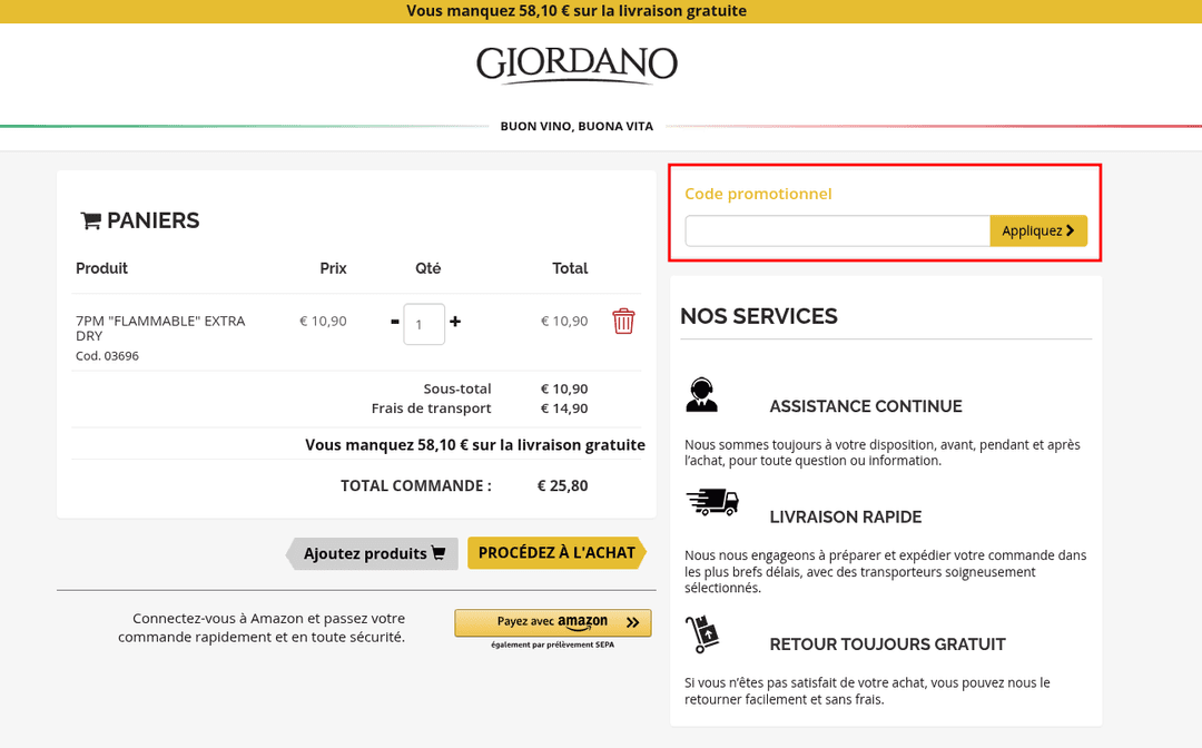 Comment appliquer un code promo sur Giordano Vins