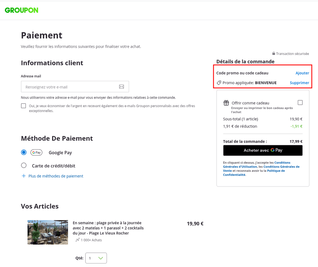Comment activer un code promo sur Groupon
