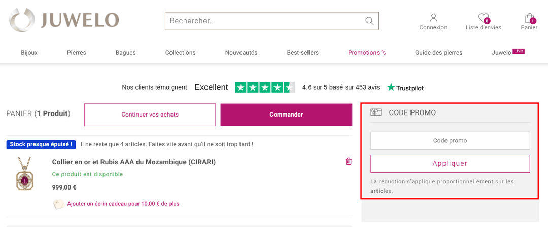 Comment appliquer un code promo sur Juwelo