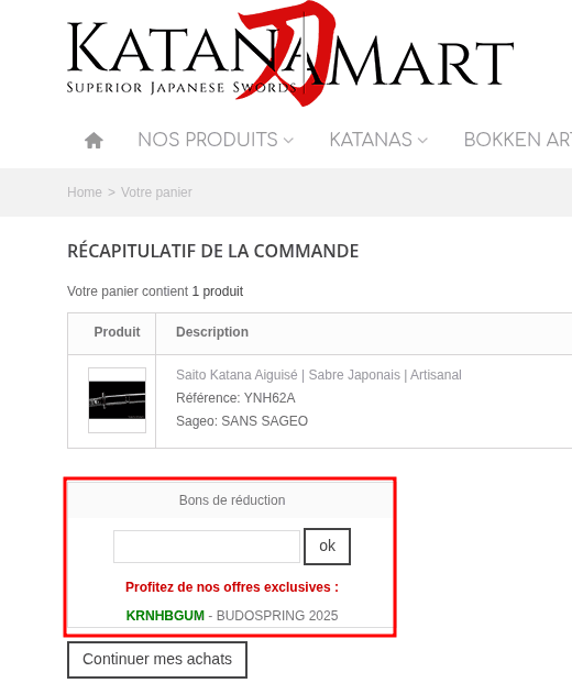 Comment appliquer un code promo sur Katanamart France