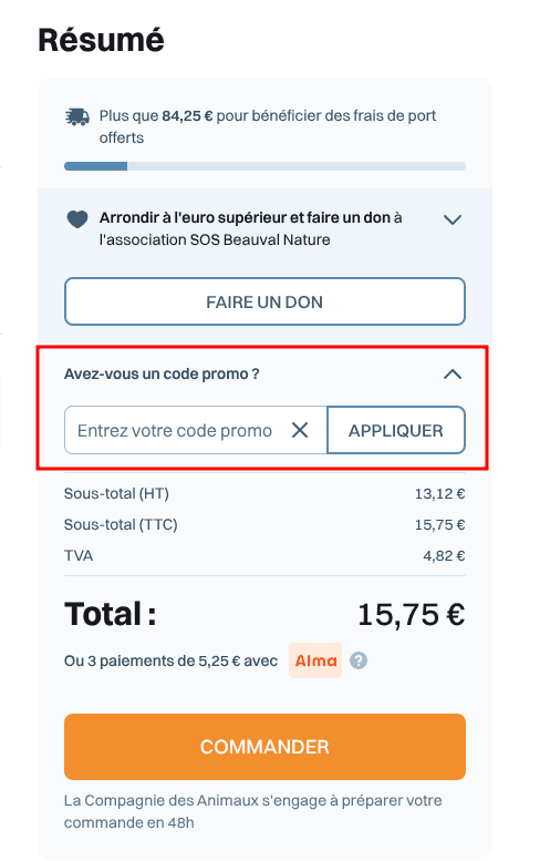 Comment appliquer un code promo sur La compagnie des animaux