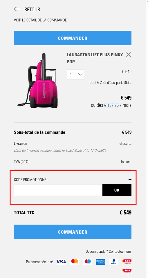 Comment appliquer un code promo sur Laurastar
