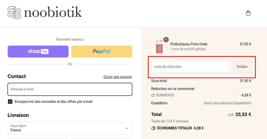 Comment appliquer un code promo sur Noobiotik