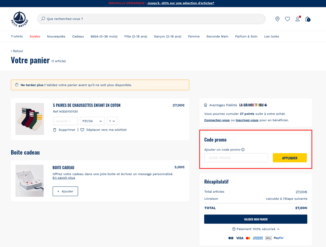 Comment appliquer un code promo sur Petit Bateau