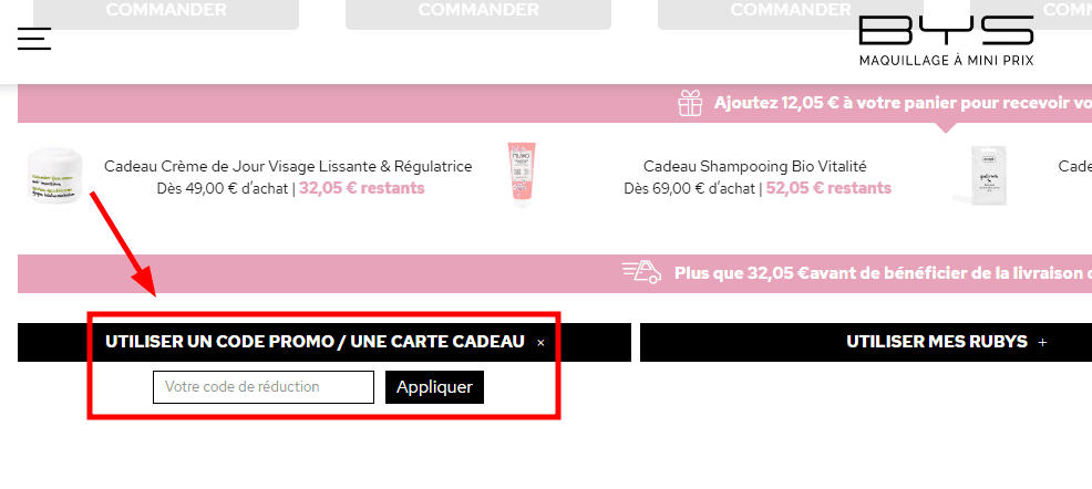 Comment activer un code promo sur BYS Maquillage