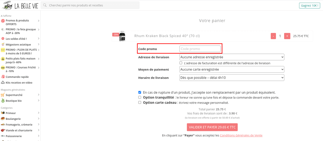 Comment appliquer un code promo sur La Belle Vie
