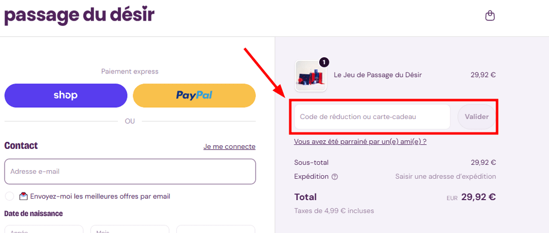 Comment activer un code promo sur Passage du Désir