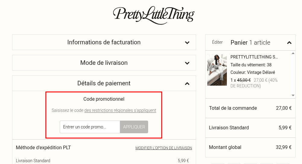 Comment activer un code promo sur PrettyLittleThing