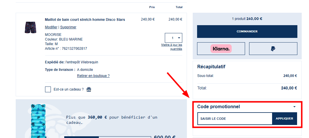 Comment utiliser un code promo sur Vilebrequin